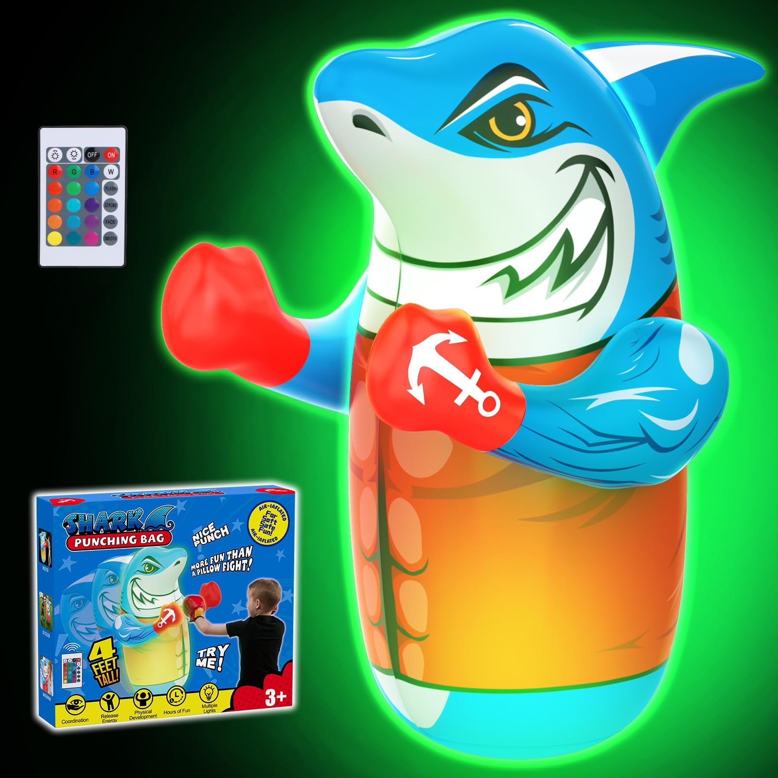 Gadetouq Shark LED inflatable punching bag front view for durable indoor or outdoor play.