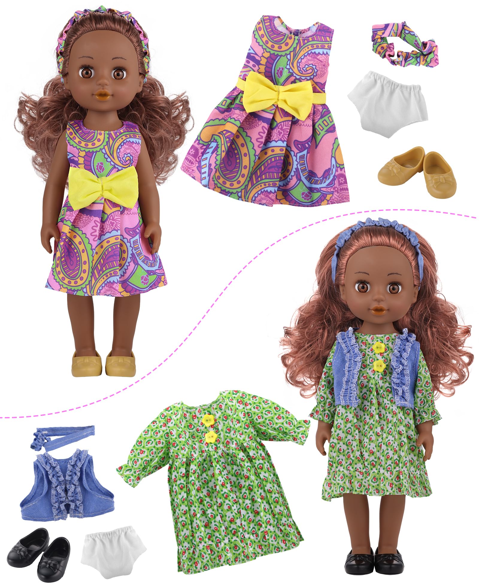 GAGAKU black doll with two outfits, simple dress-up for toddlers and caregivers.