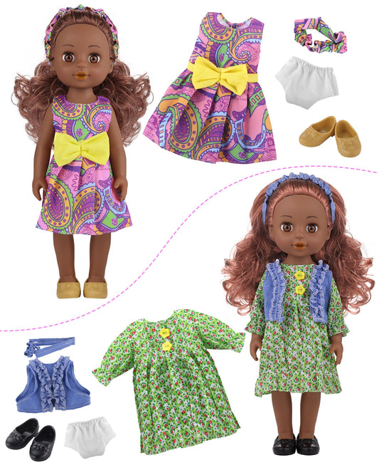 GAGAKU black doll with two outfits, simple dress-up for toddlers and caregivers.