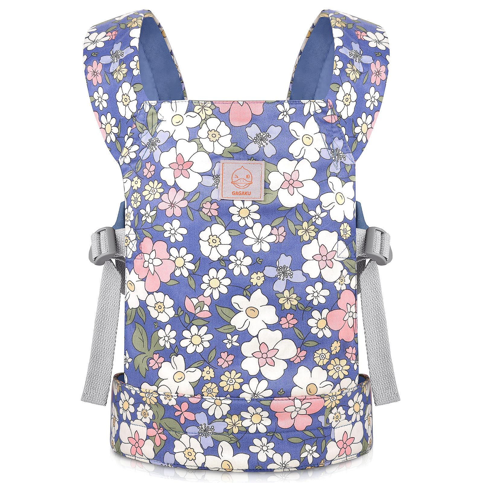 GAGAKU blue flowers doll carrier, front view, designed for imaginative play with dolls