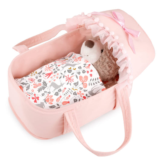 GAGAKU pink baby doll bassinet with soft cotton lining and lace detail for gentle play
