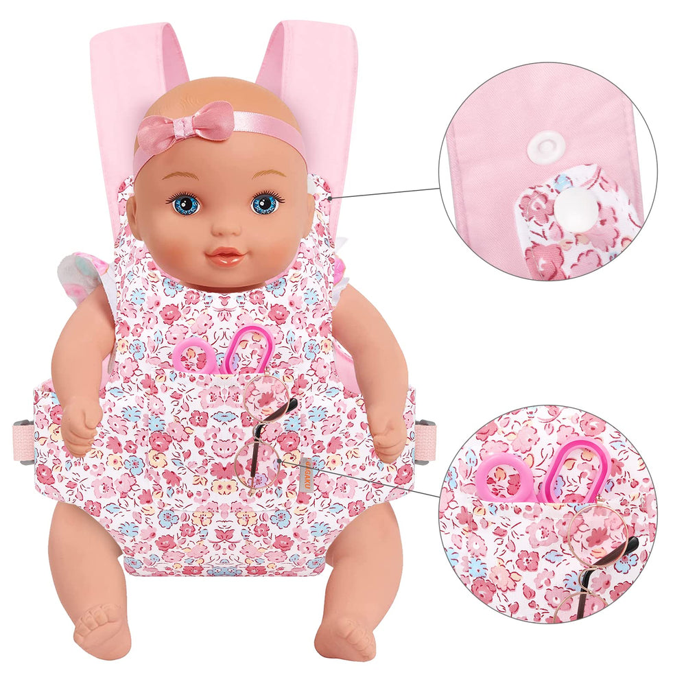 GAGAKU baby doll carrier front pocket stores doll accessories for quick access.