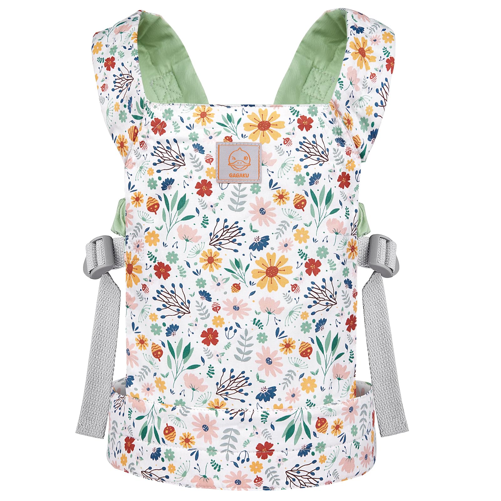 GAGAKU baby doll carrier front view in green pinecones with adjustable straps for comfort