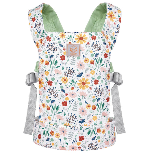 GAGAKU baby doll carrier front view in green pinecones with adjustable straps for comfort