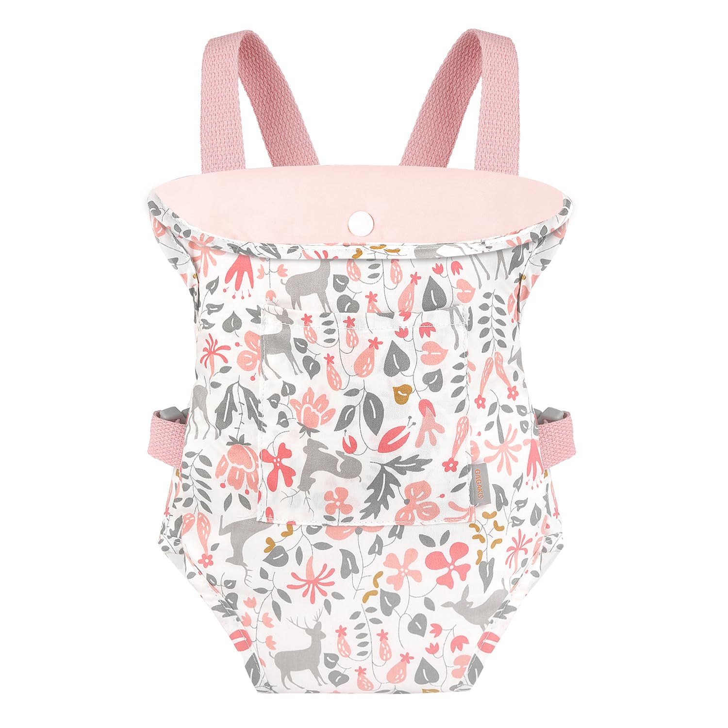 GAGAKU pink reindeer doll carrier, front-facing for easy bonding during playtime.