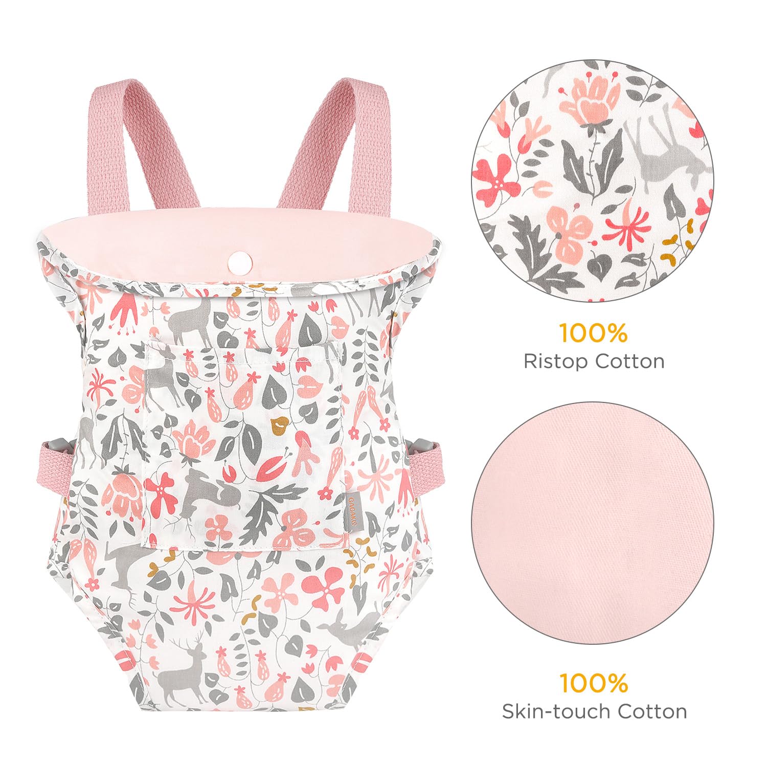 GAGAKU pink reindeer doll carrier, back carry option for adventures.