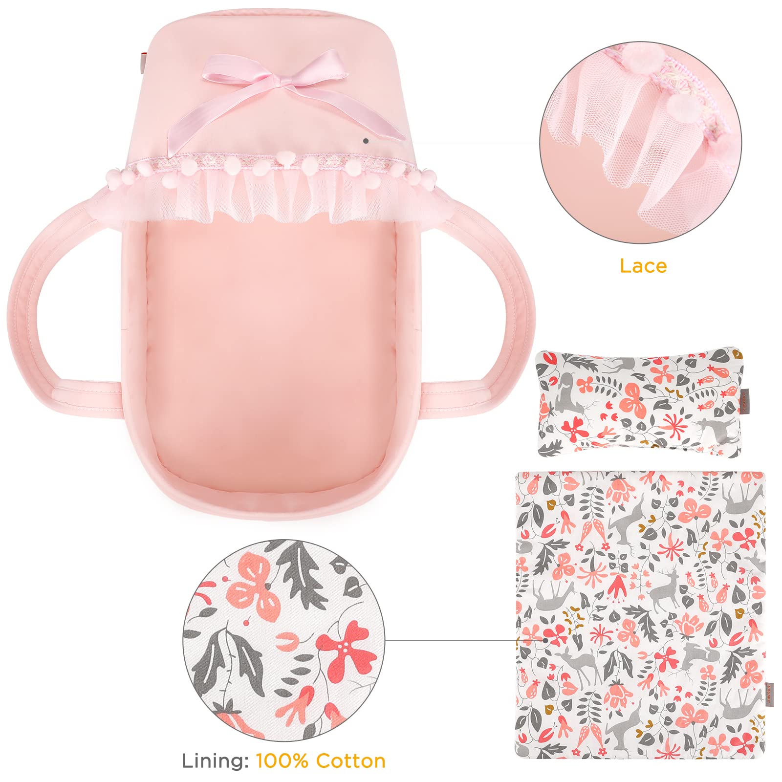 GAGAKU carry cot with ruffle canopy in pink for portable doll care