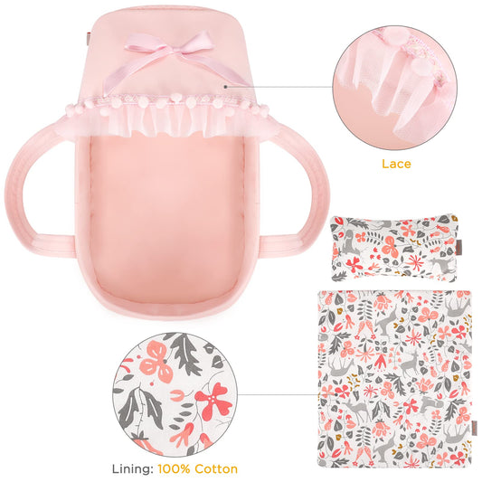 GAGAKU carry cot with ruffle canopy in pink for portable doll care
