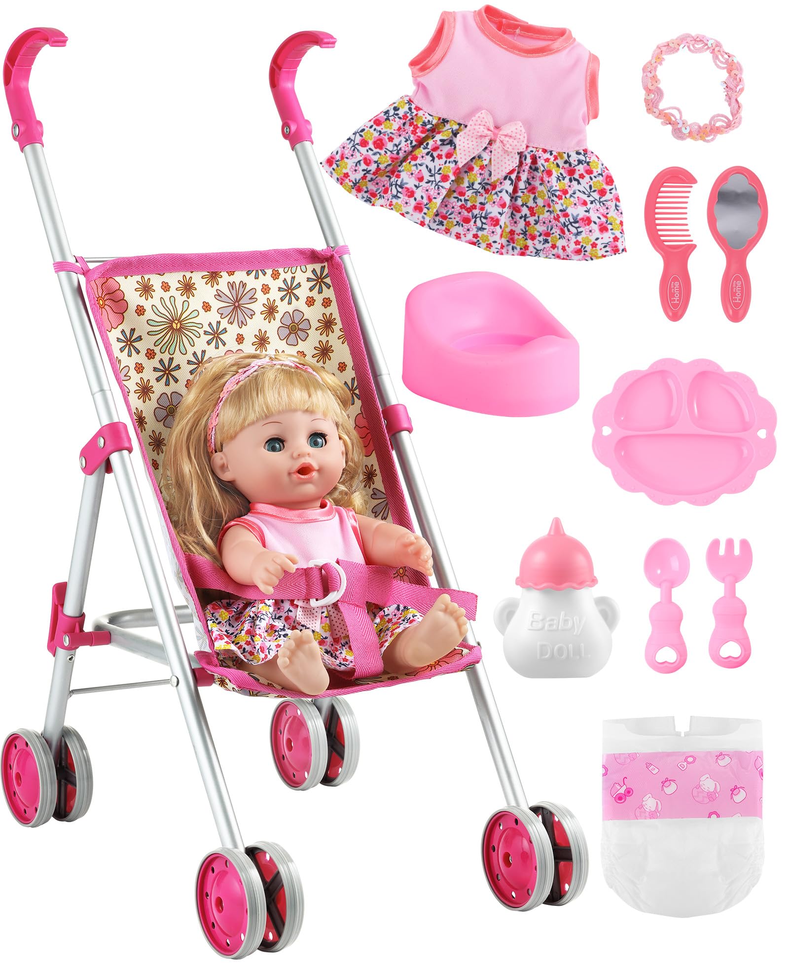 GAGAKU baby doll stroller in a daisy pattern for imaginative push-along play