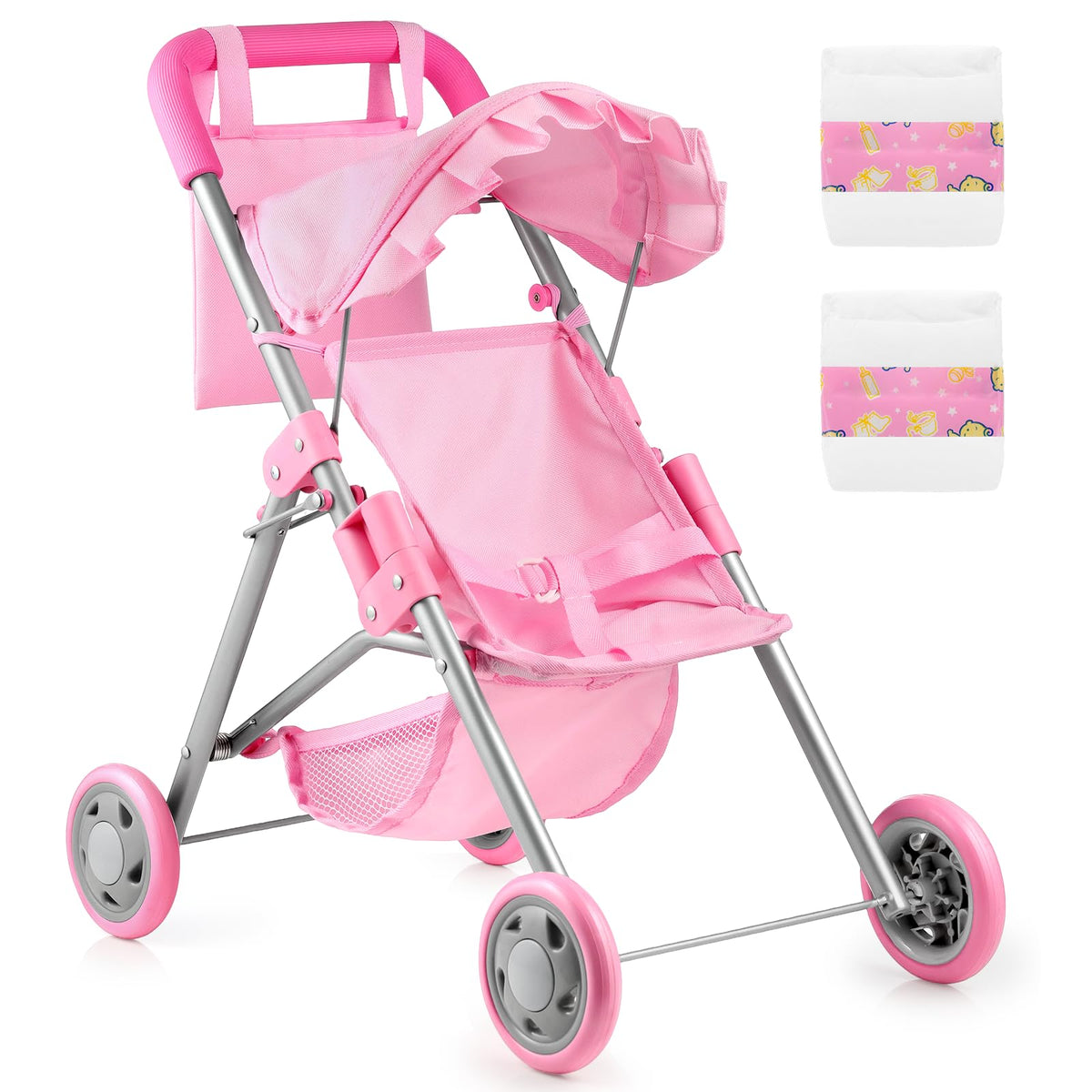 GAGAKU baby doll stroller pink highlights a realistic design for imaginative play.