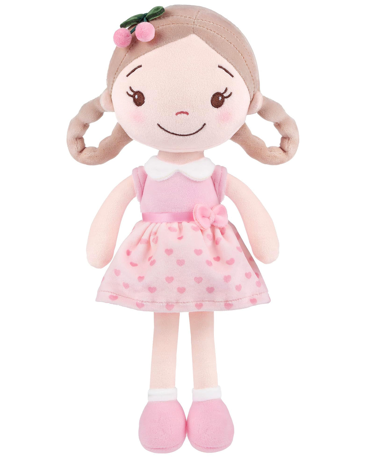 GAGAKU soft plush baby doll Cherry Girl 12in ready for hugs and play.