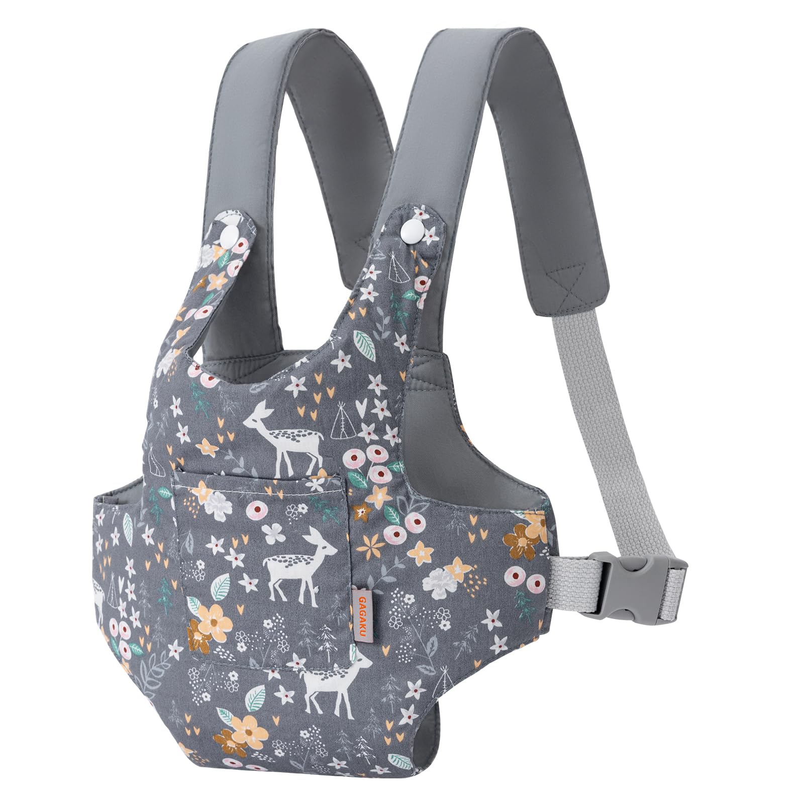 GAGAKU toy baby carrier in gray deer design, front view, ideal for nurturing role-play.