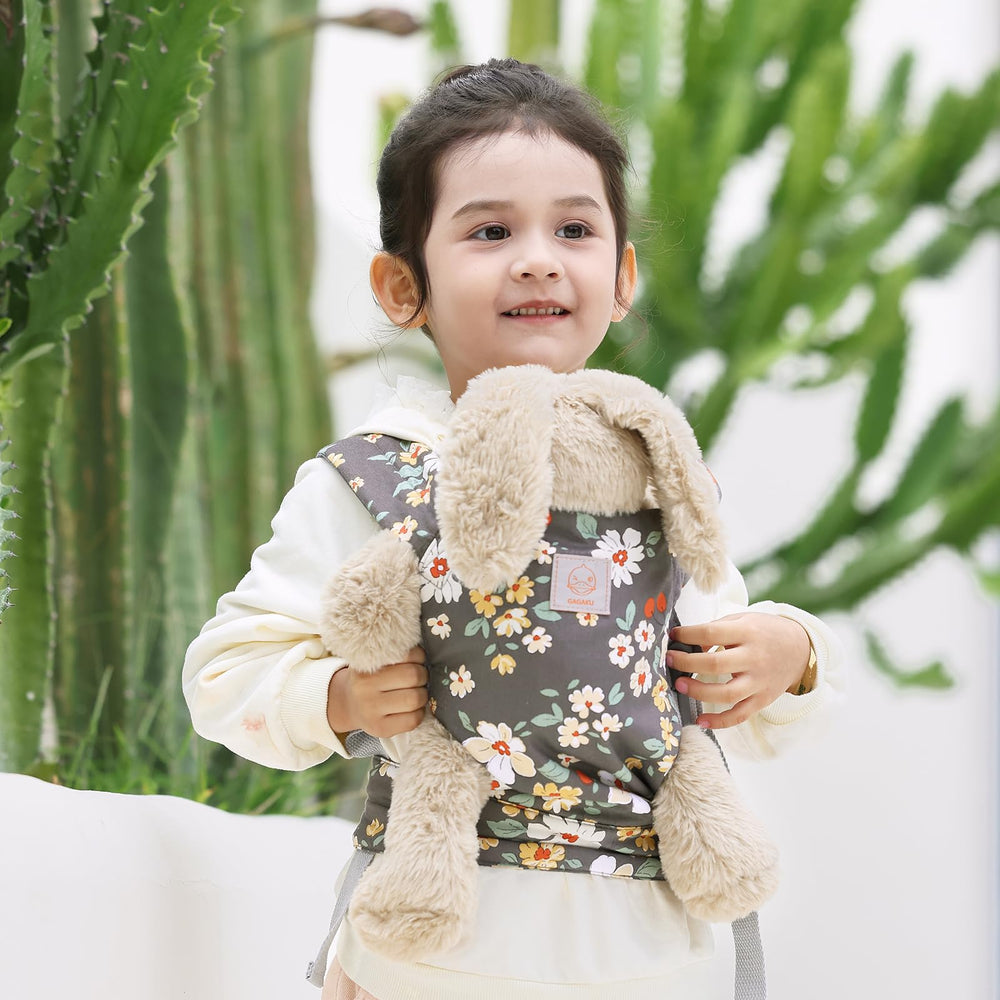 GAGAKU toy baby carrier worn by child demonstrates adjustable straps for growing kids.
