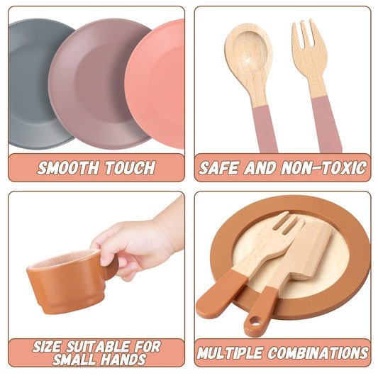 GAGAKU wooden dishes set for kids, ideal for role-play and sharing.