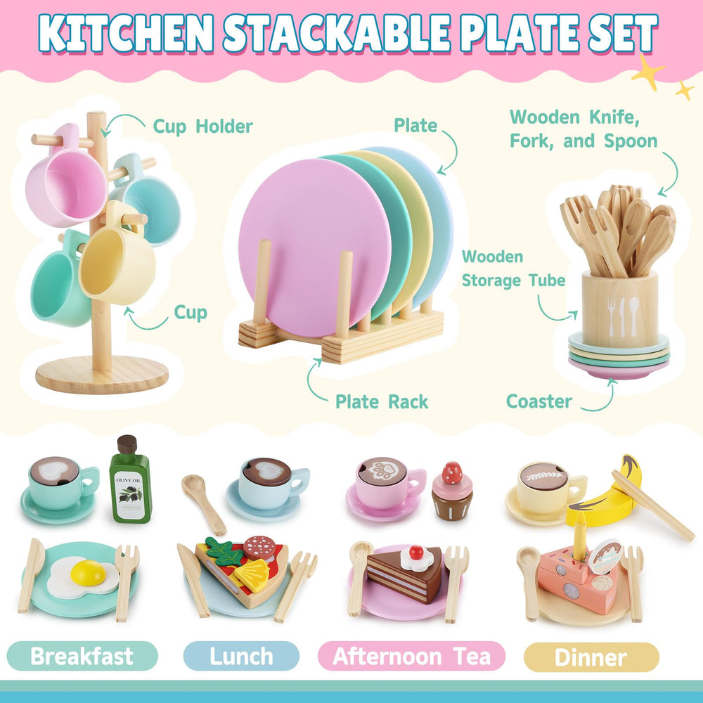GAGAKU wooden plates and saucers with smooth edges for pretend meals