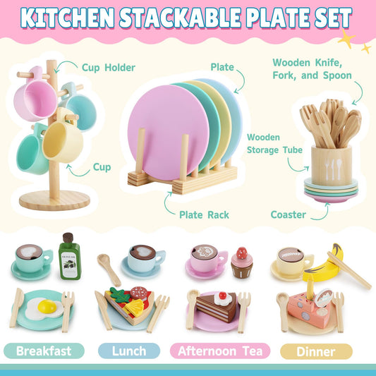 GAGAKU wooden plates and saucers with smooth edges for pretend meals