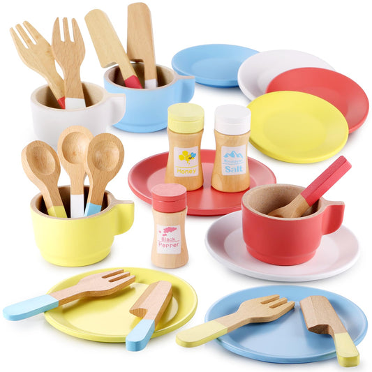 GAGAKU wooden play dishes plates set for imaginative meals and easy cleanup