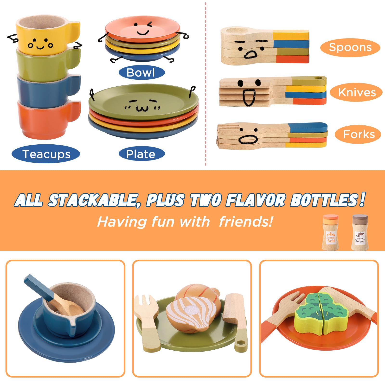 GAGAKU wooden play food cups and spoons support fine motor skills during pretend dining.