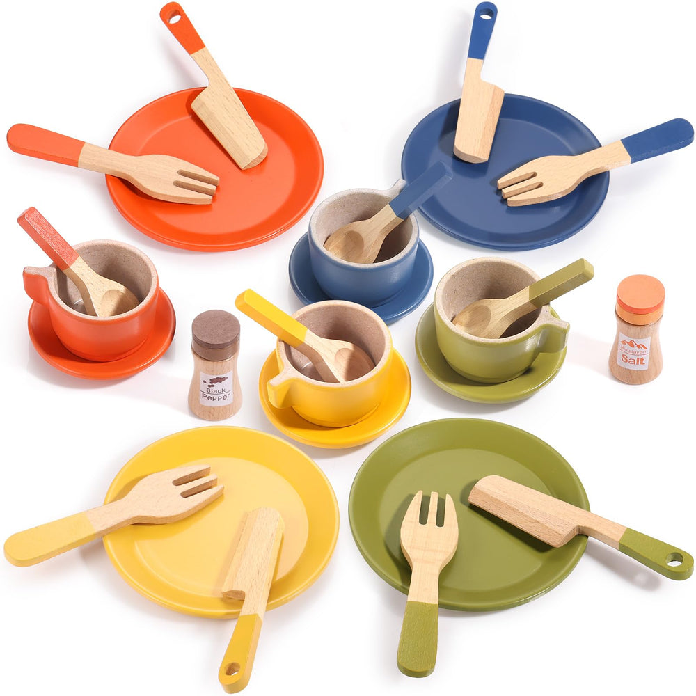 GAGAKU wooden play food plates and saucers invite imaginative meals and social play.