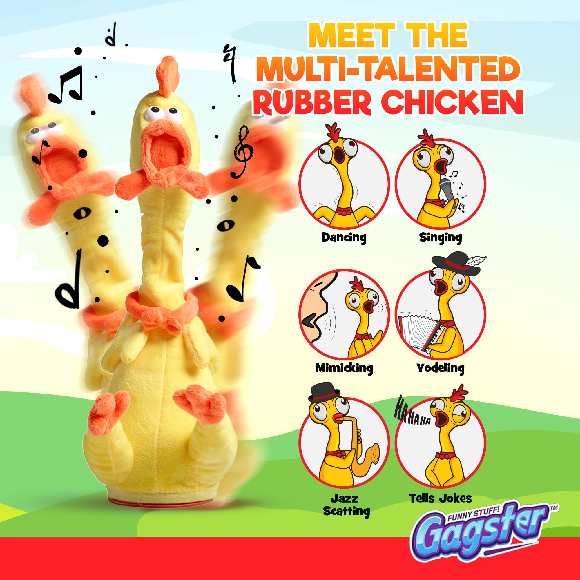 Gagster rubber chicken dancing toy performing lively moves for entertaining gatherings