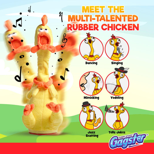 Gagster rubber chicken dancing toy performing lively moves for entertaining gatherings