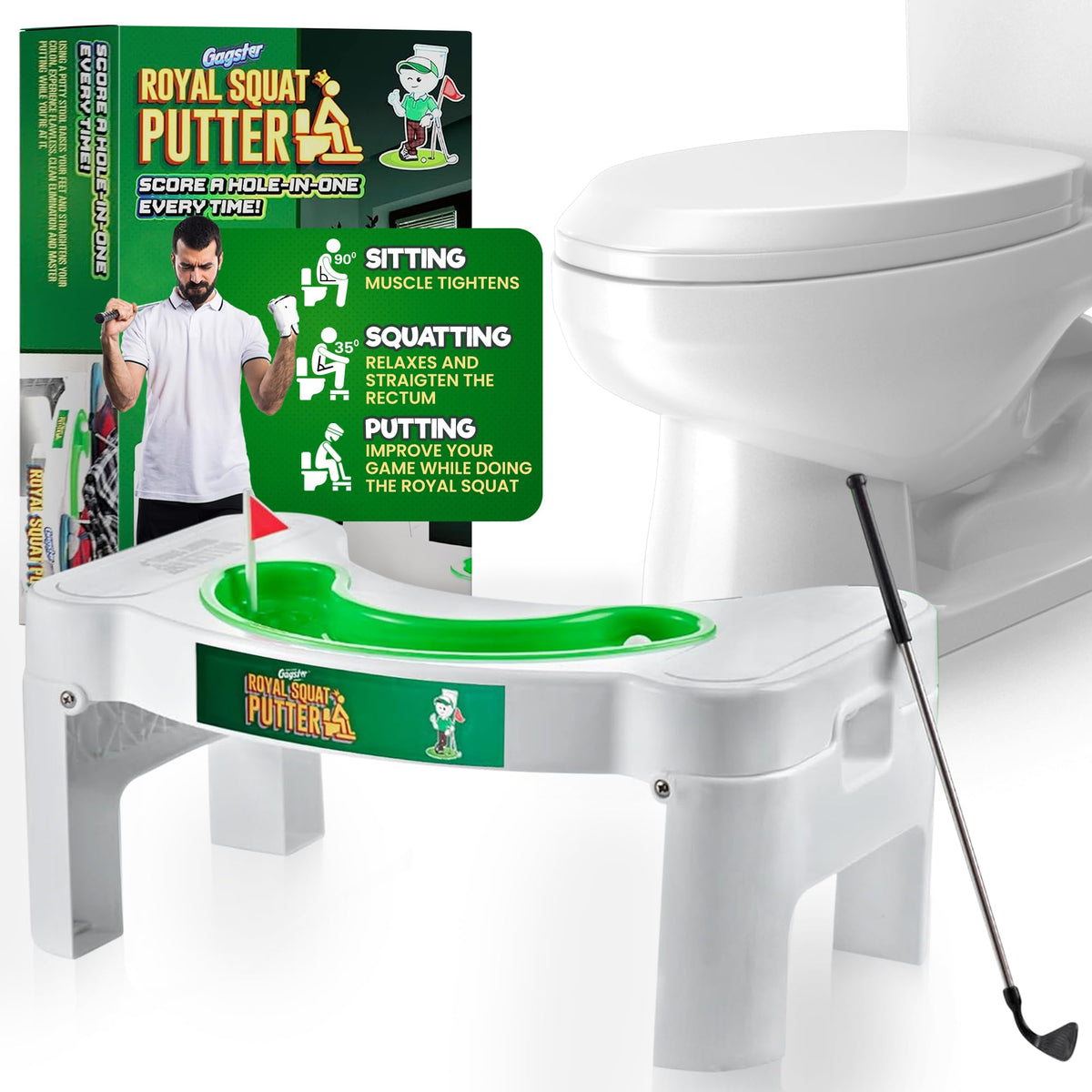 Gagster Royal Squat Putter toilet golf setup for enjoyable bathroom breaks.