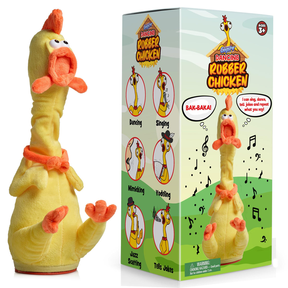 Gagster rubber chicken dancing toy in action, delivering instant party laughs