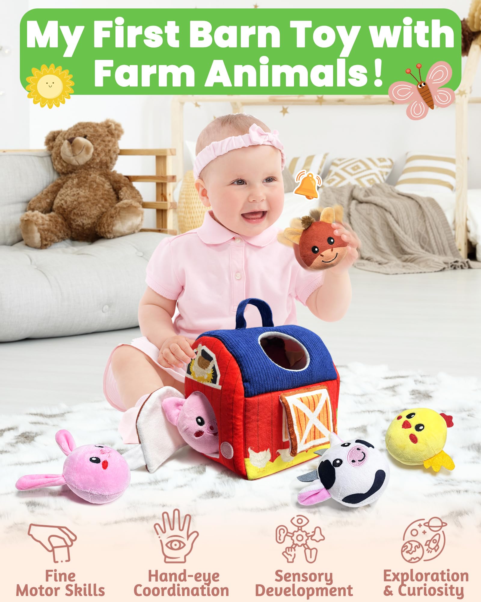 Gagule barn toy sheep with textured fabric for safe grasping and motor play