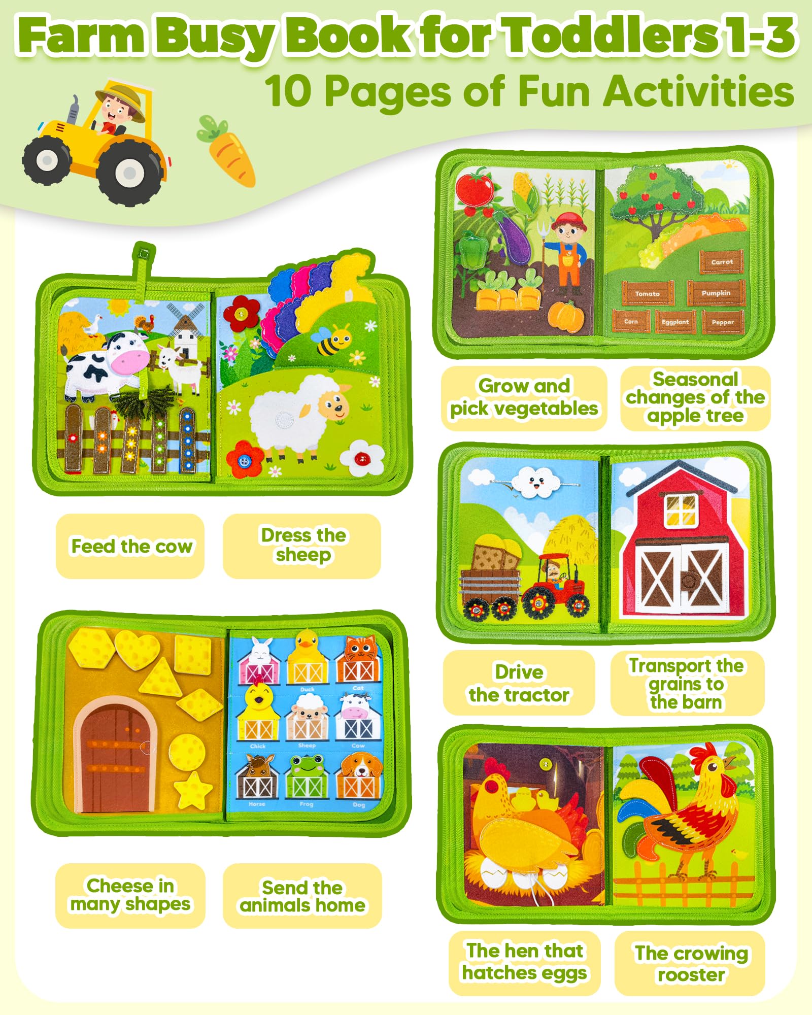 Gagule Busy Book Farm feeding cow—engages fine motor play during feeding tasks.