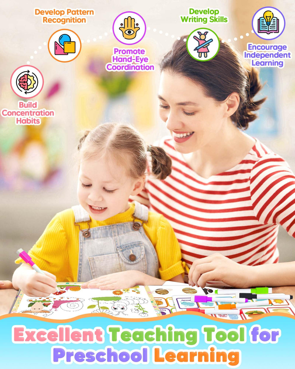 Gagule Toddler Busy Book alphabet-number-colors page introducing letters, numbers, and color concepts