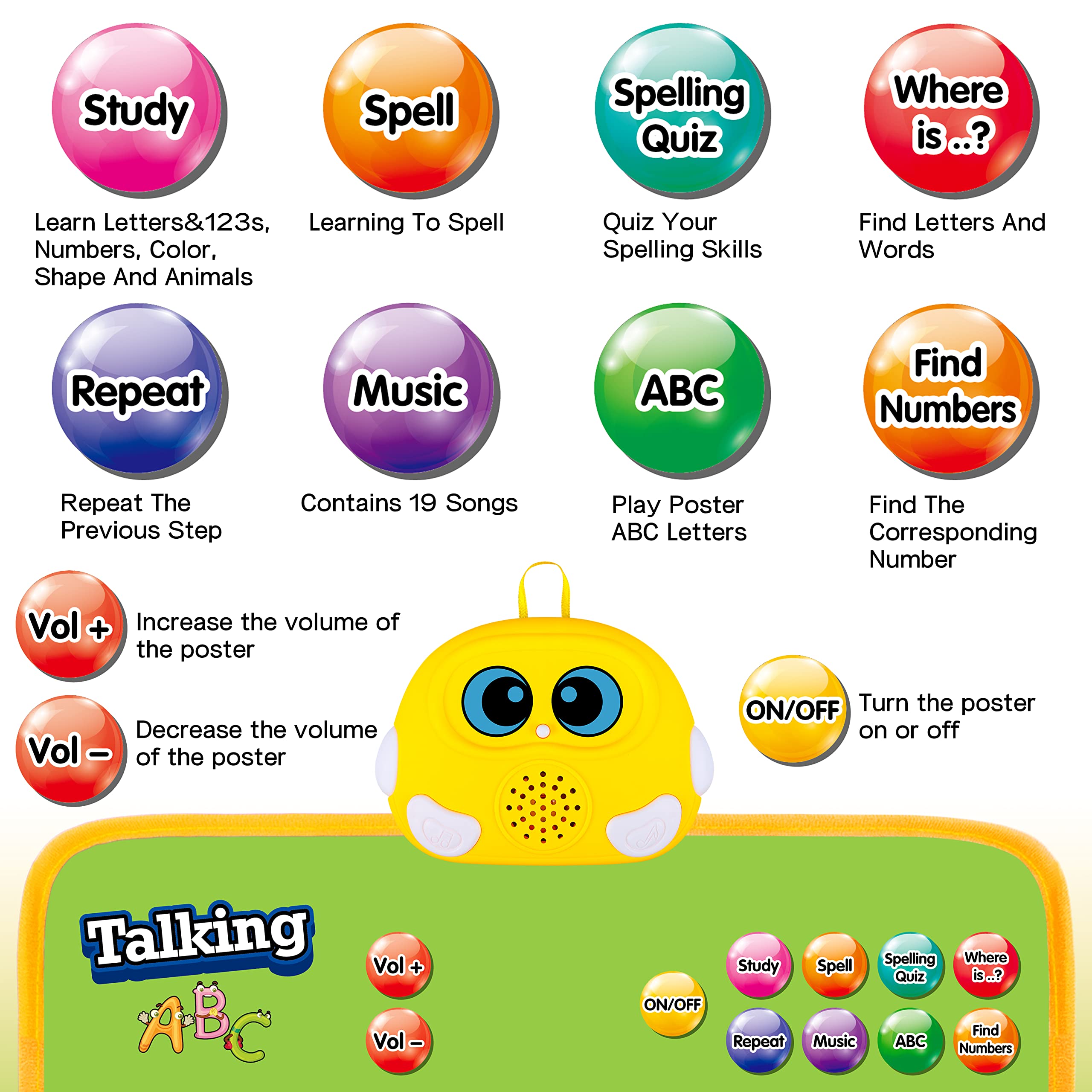 GaHoo talking ABC and 123s poster helps toddlers recognize letters and numbers.