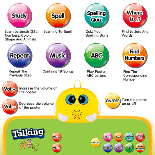 GaHoo talking ABC and 123s poster helps toddlers recognize letters and numbers.