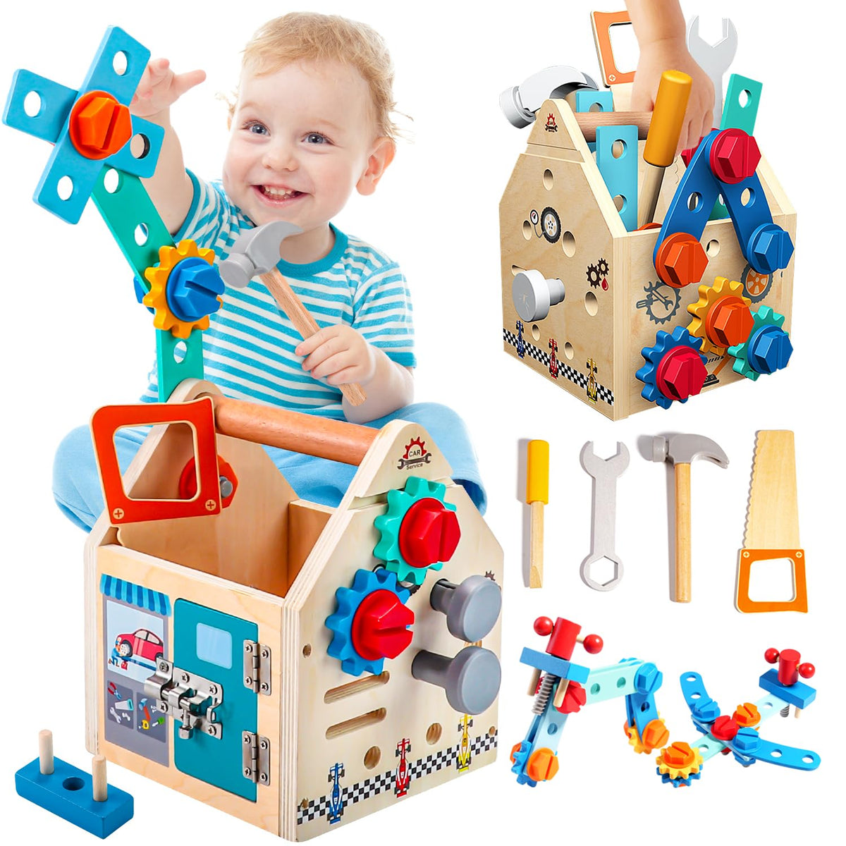 GAIETYDIY Montessori Toddler Tool Set with tool box latch for imaginative play and fine motor development.