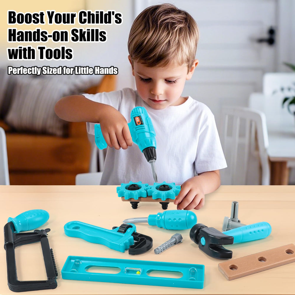 GAIETYDIY toy drill with bits demonstrates safe, interchangeable play for little hands.