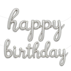 Gala Supplies silver happy birthday banner with script gold letters for an elegant celebration.