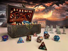 Inside view of Galdor's Guild Mimic Dice Chest shows organized dice and minis.
