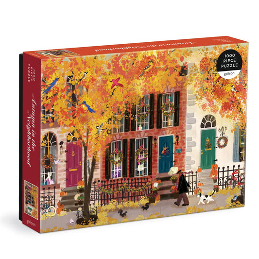 Galison Autumn in the Neighborhood puzzle box cover, ideal for gifting.
