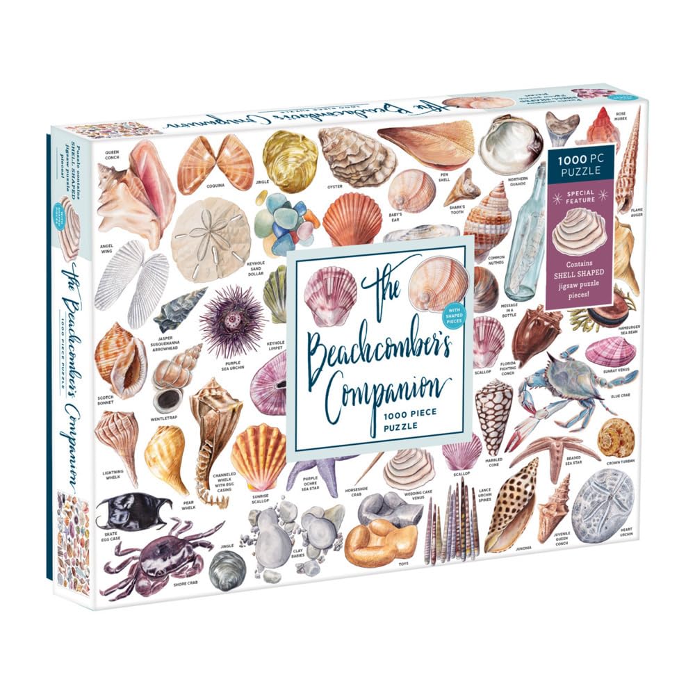 Galison Beachcomber's Companion shell-pieces on the table for family puzzle time.