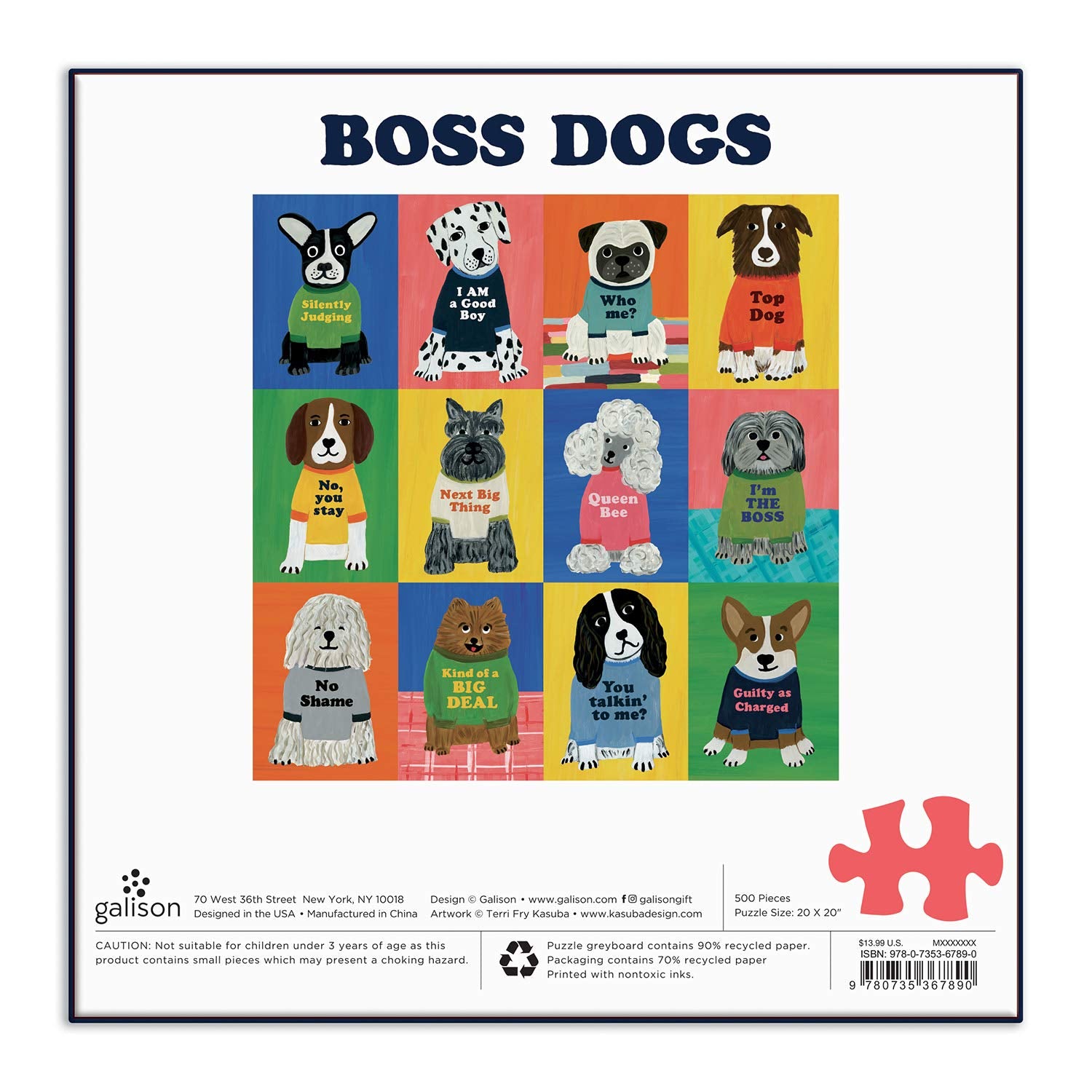 Galison Boss Dogs puzzle box and insert provide easy reference