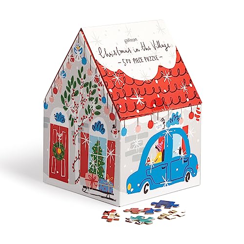 Galison Christmas in The Village bright town scene artwork for holiday puzzling.