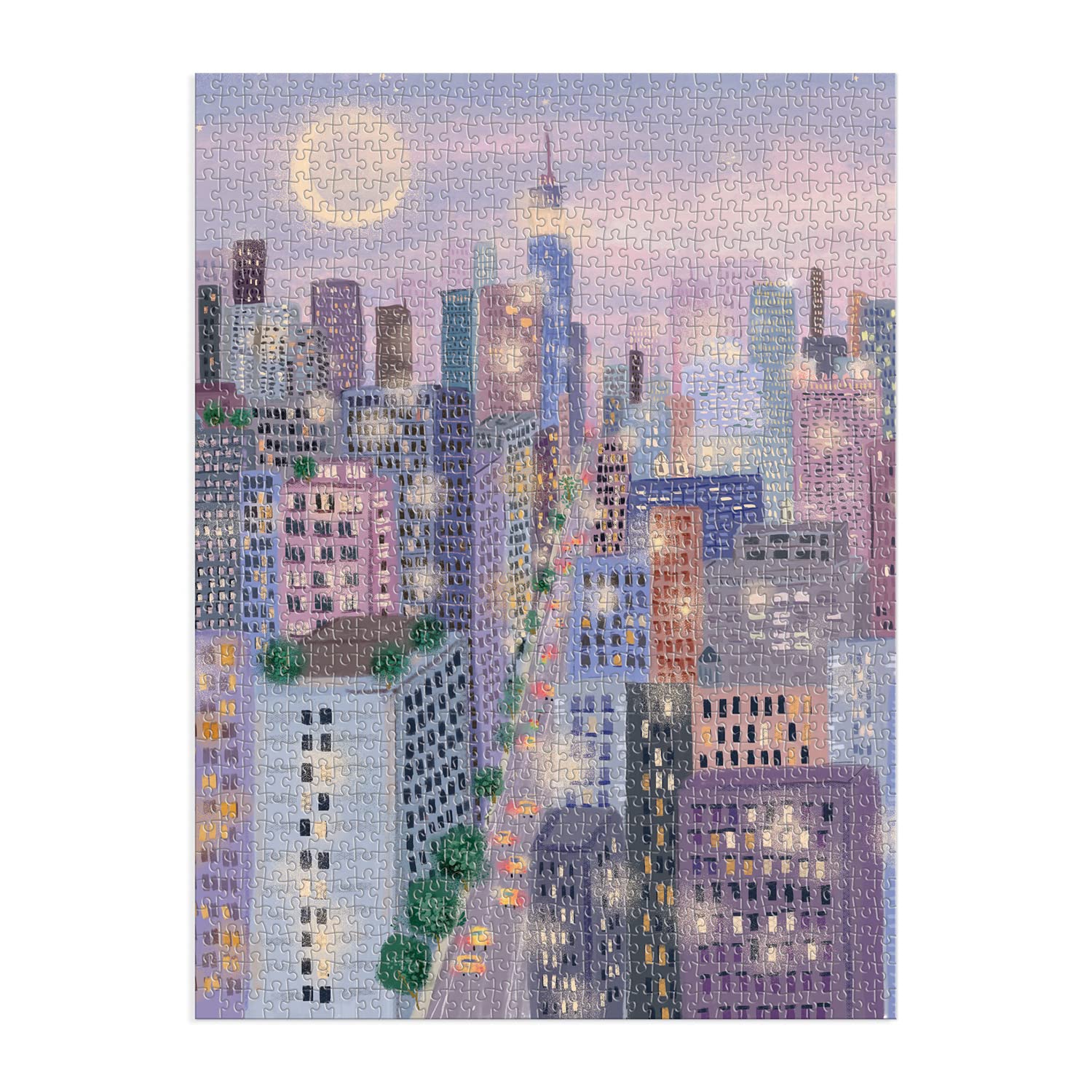 Galison City Lights puzzle artwork on box highlights intricate urban details for collectors.