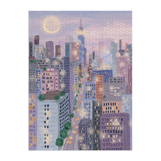 Galison City Lights puzzle artwork on box highlights intricate urban details for collectors.