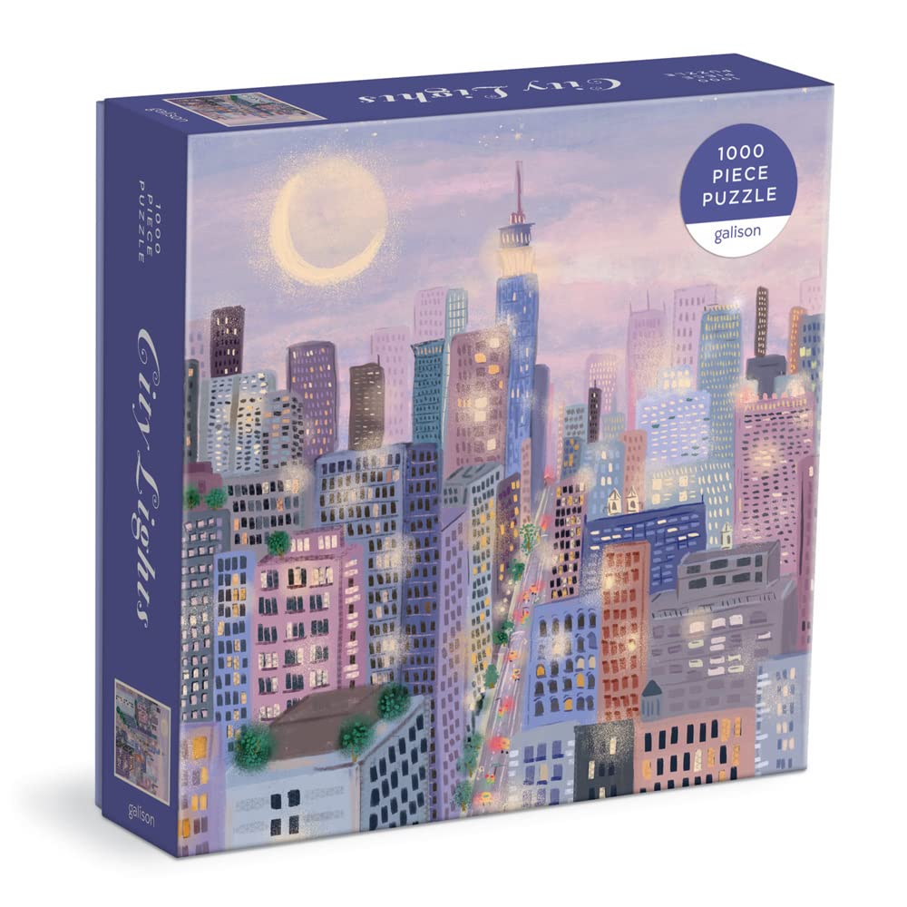 Galison City Lights puzzle box front shows lavender night scene, ideal for gifting.