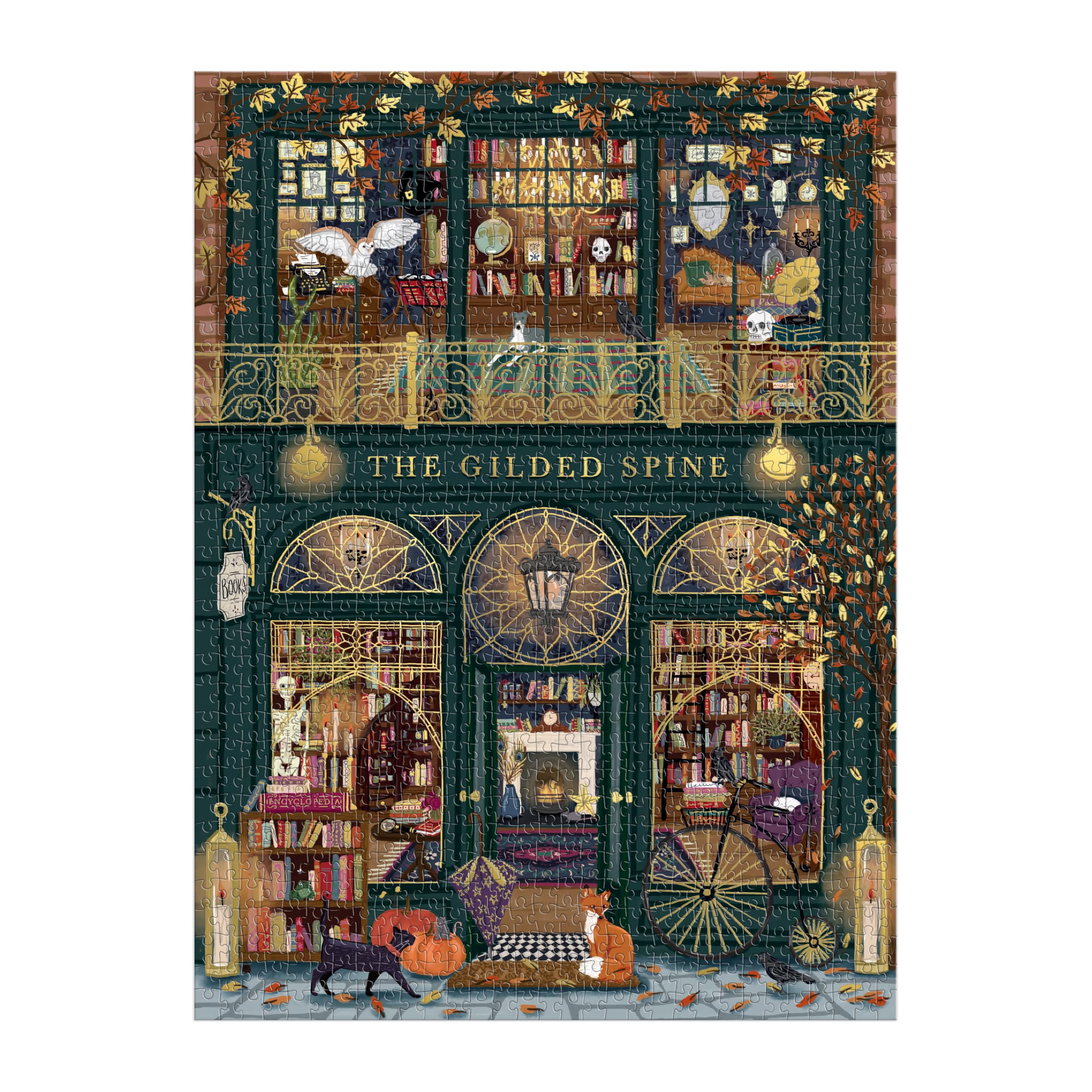 Galison completed puzzle on table displaying luminous storefront and size