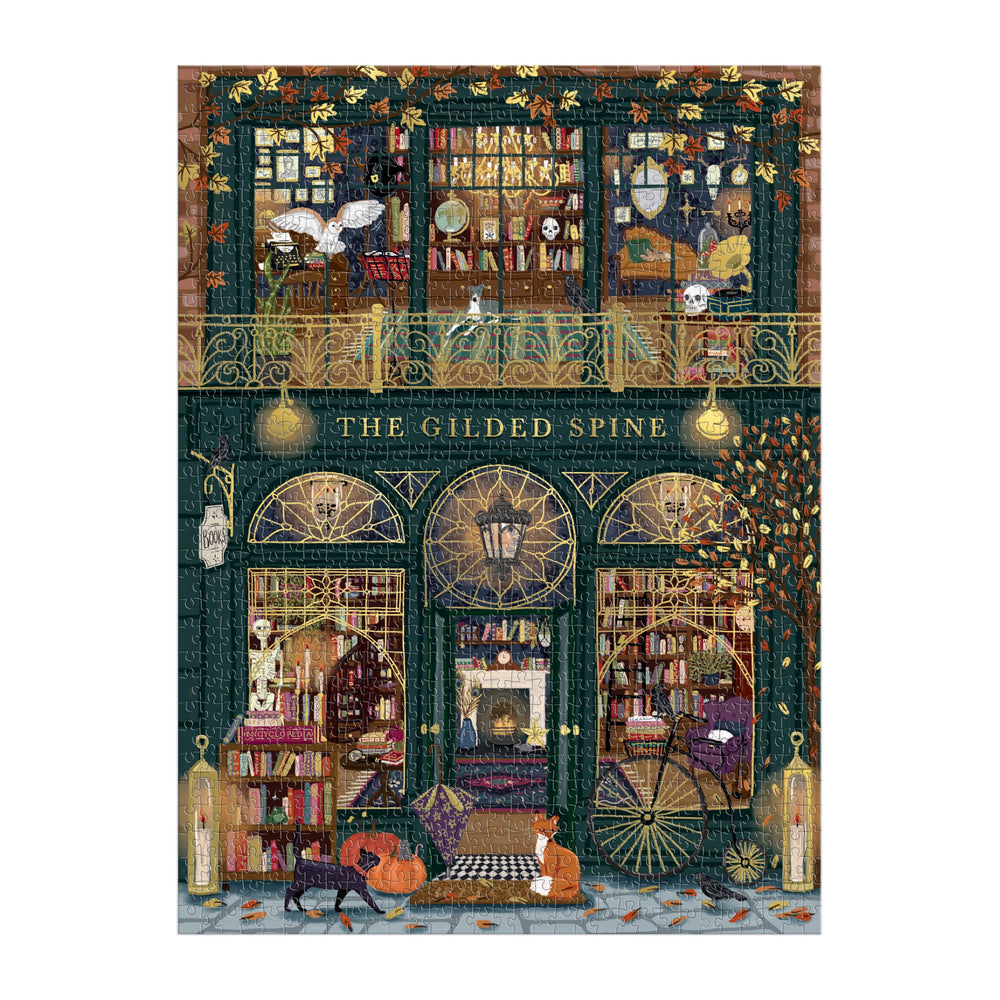Galison completed puzzle on table displaying luminous storefront and size