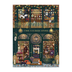Galison completed puzzle on table displaying luminous storefront and size