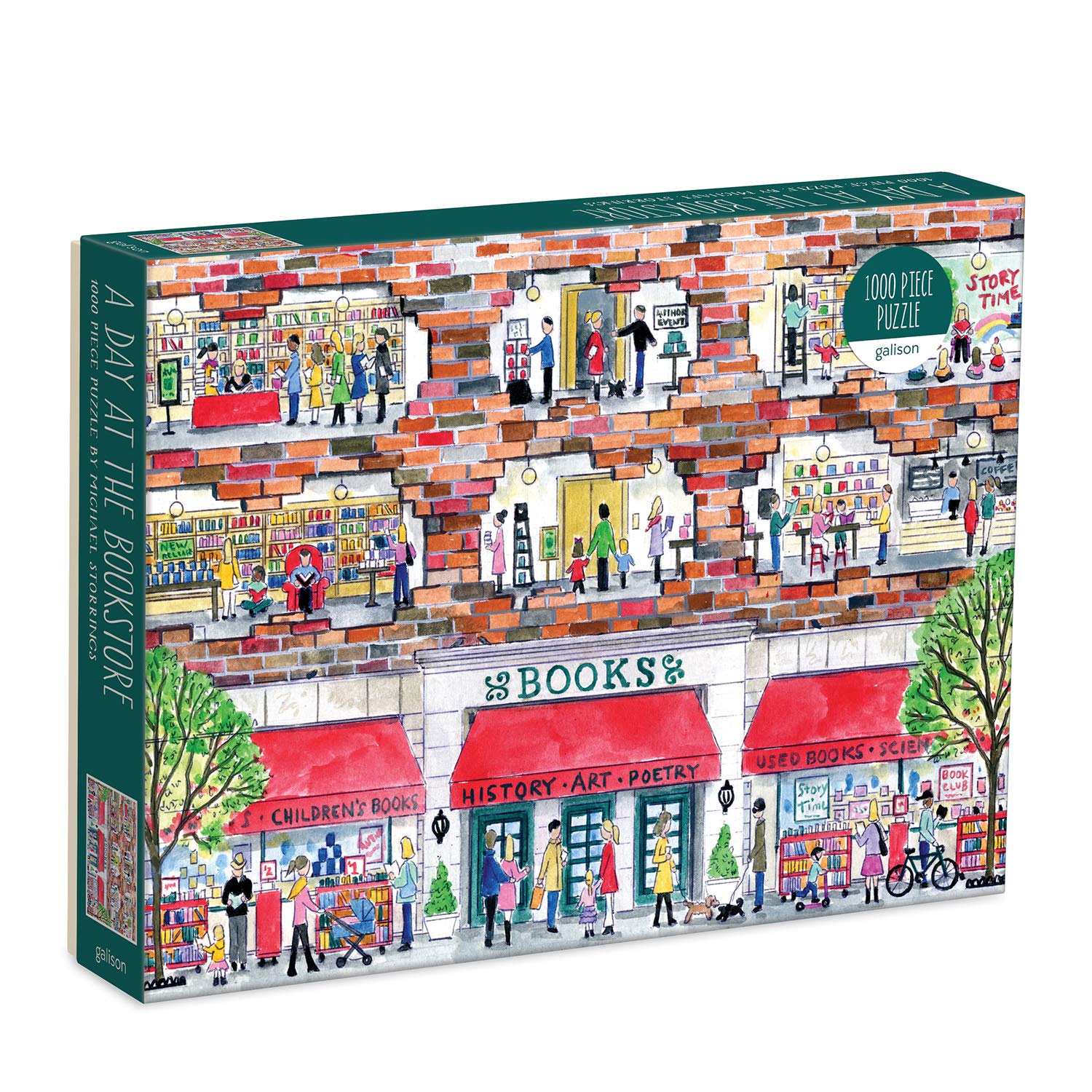 Galison Michael Storrings puzzle box cover shows a cozy bookstore scene perfect for quiet evenings