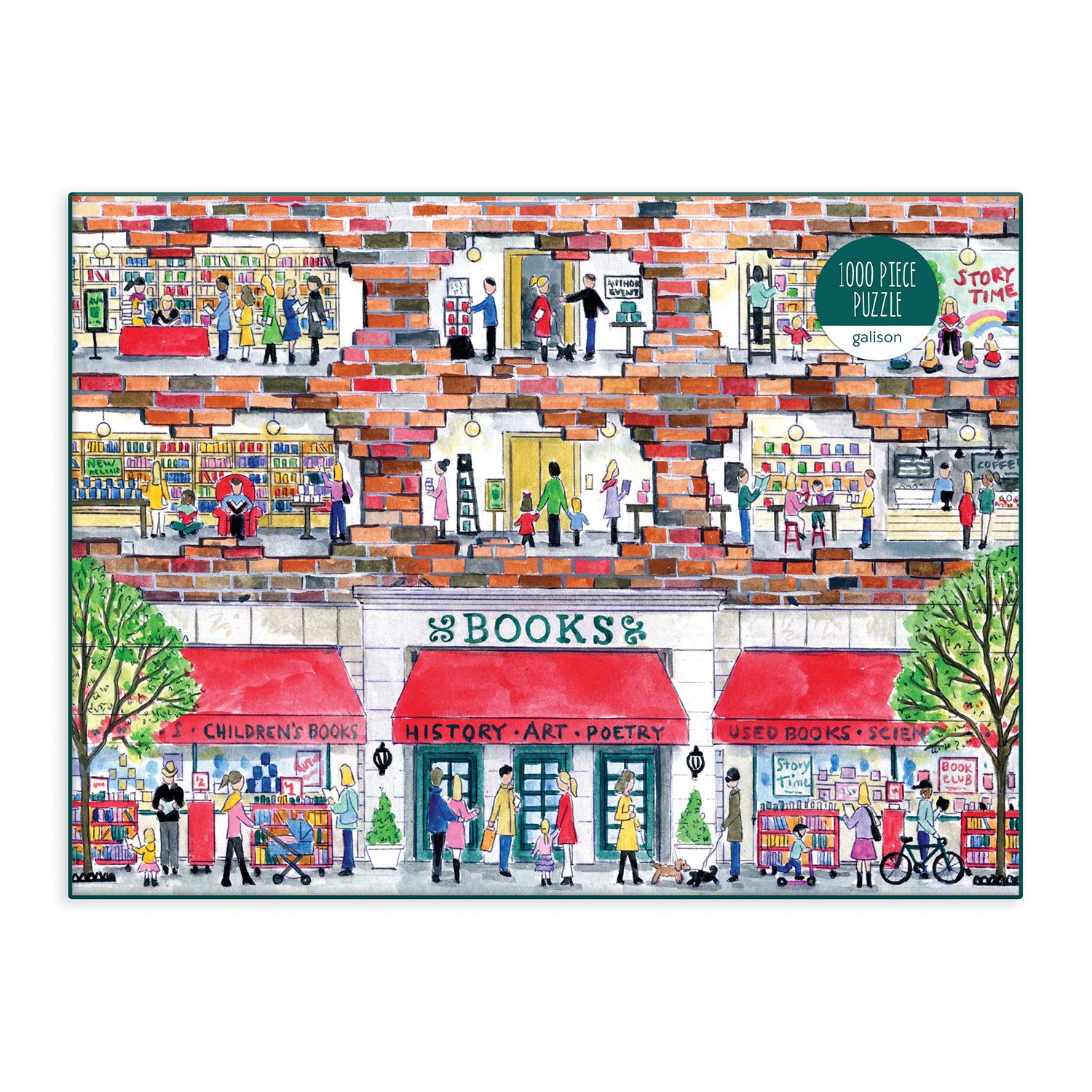 Close-up of puzzle tray pieces from Galison Michael Storrings bookstore puzzle
