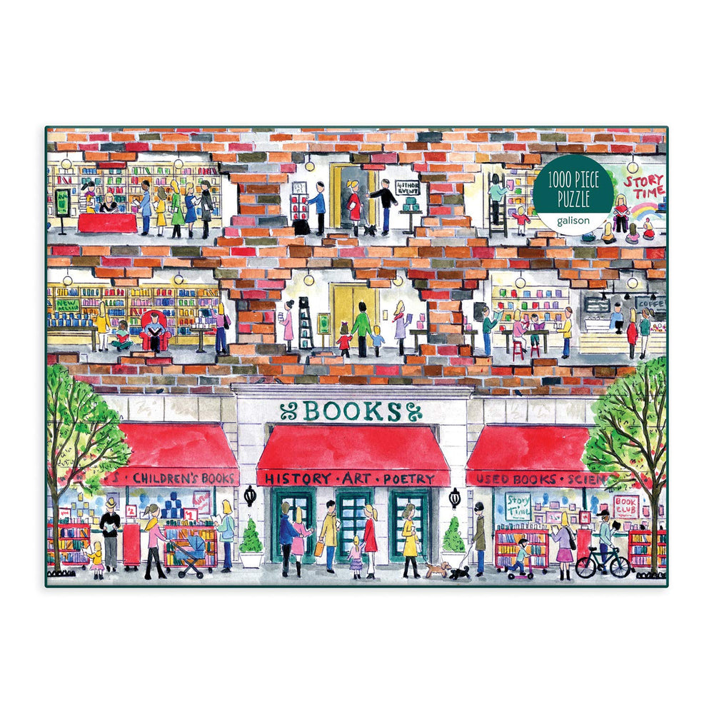 Close-up of puzzle tray pieces from Galison Michael Storrings bookstore puzzle