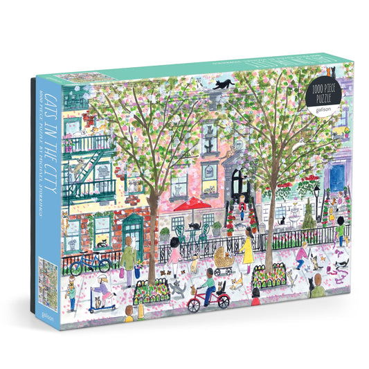 Galison Michael Storrings cats in the city garden puzzle cover; vibrant art for cat lovers